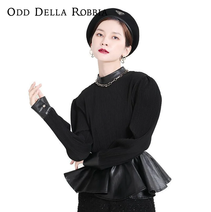 

OddDellaRobbia Winter New Style Thin Pleated Stitching Leather Ruffled Waist Top Japanese Gentle Wind Sweater Women 1990