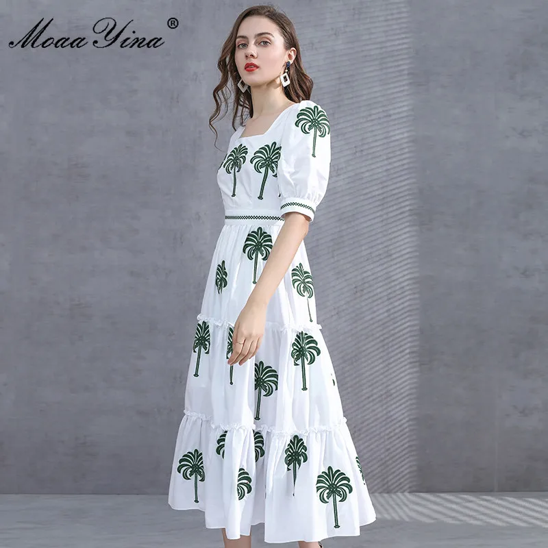 

MoaaYina Fashion Designer dress Summer Women Dress Square Collar Short sleeve Coconut tree Embroidery Vacation Dresses