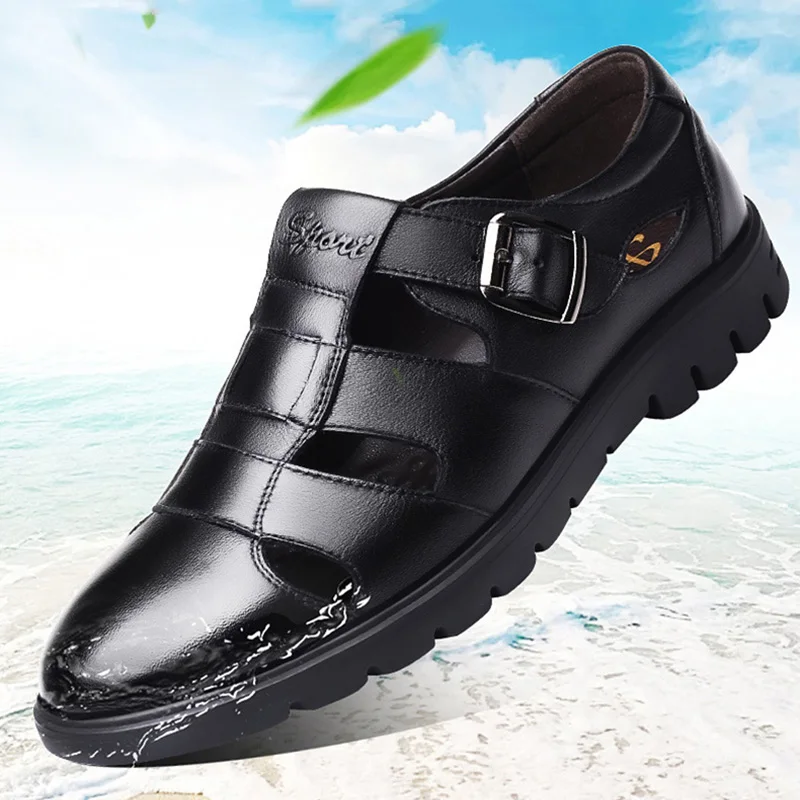 Черные босоножки Летняя женская обувь 2021 повседневная кожаные мужские сандалии