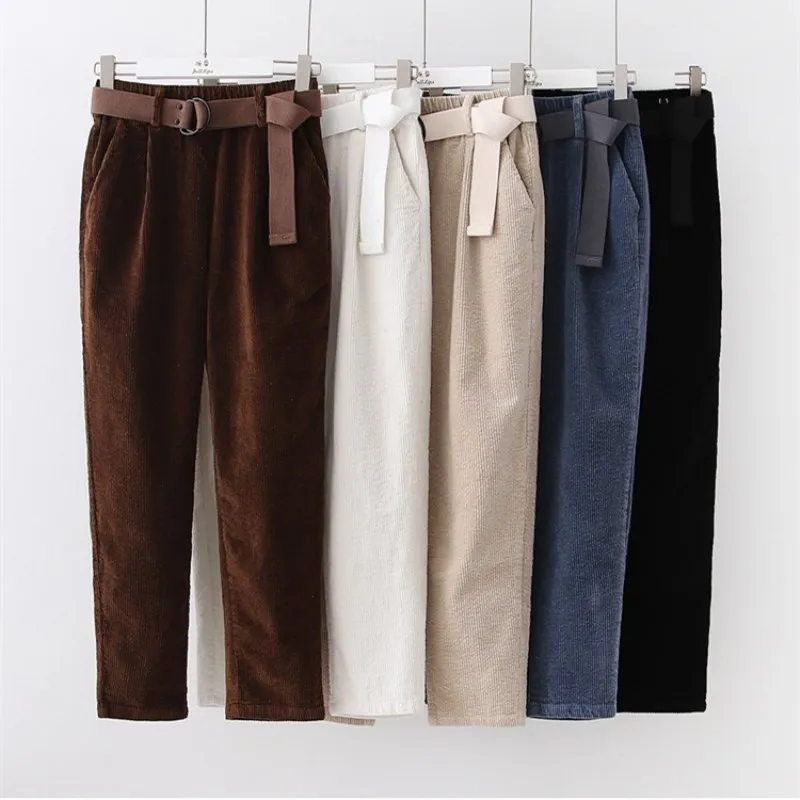 Женские вельветовые шаровары с поясом на резинке повседневные черные брюки