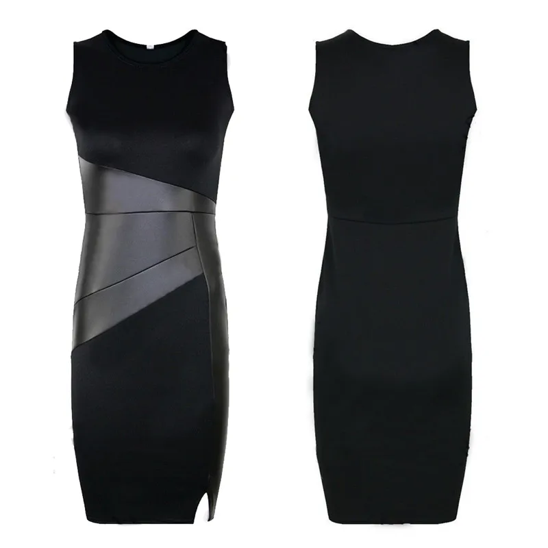

Women Dresses Ladies Faux PU Leather Patchwork Bodycon Sleeveless O Neck Club Party Short Black Summer Dress