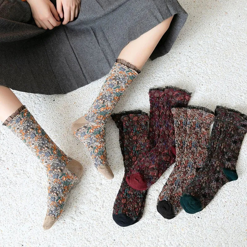 Теплые зимние плотные женские носки в этническом стиле ретро с кружевным ворсом