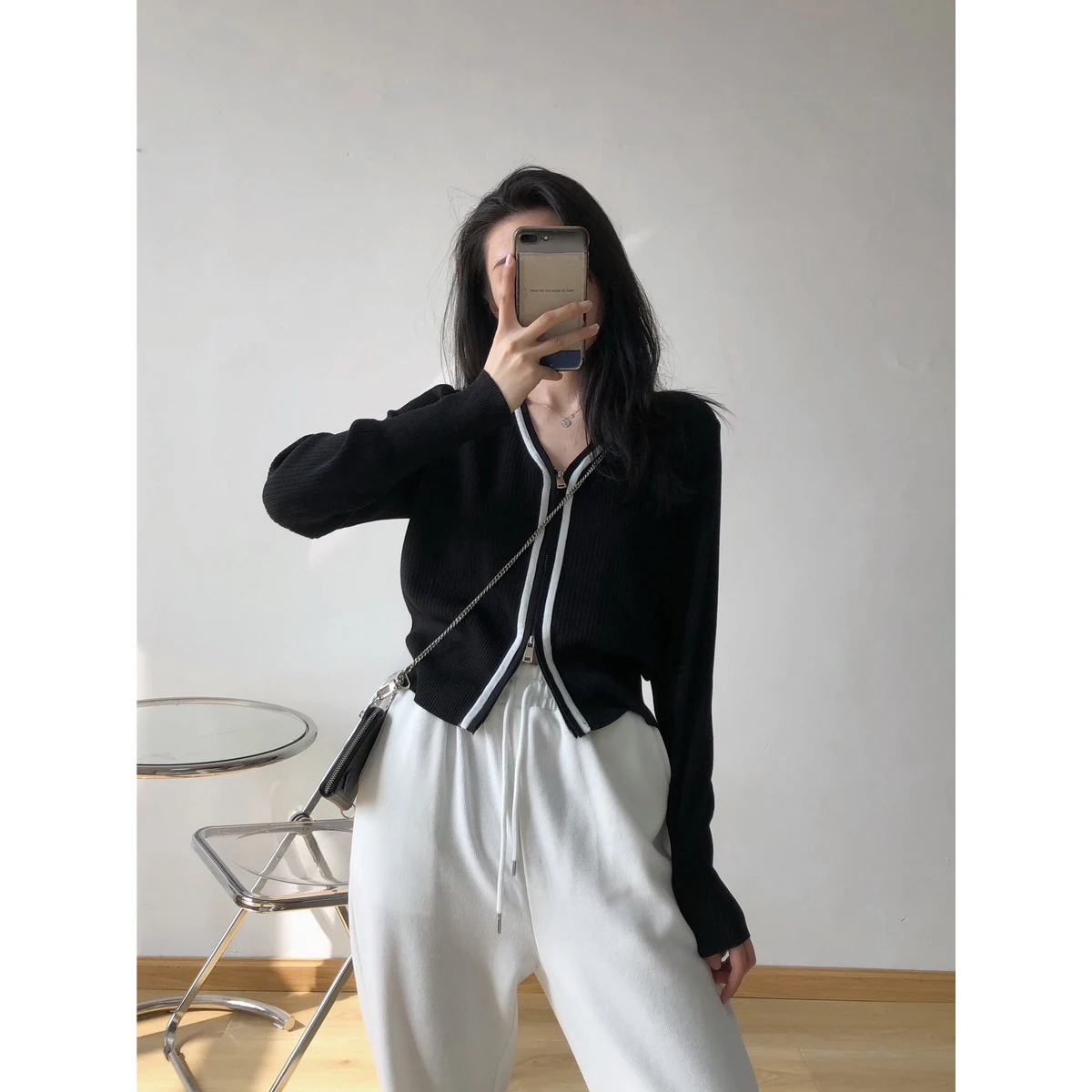 

2021 hooded zipper new style knitted gothic cardigan outer women Korean loose simple all-matching outer sweater