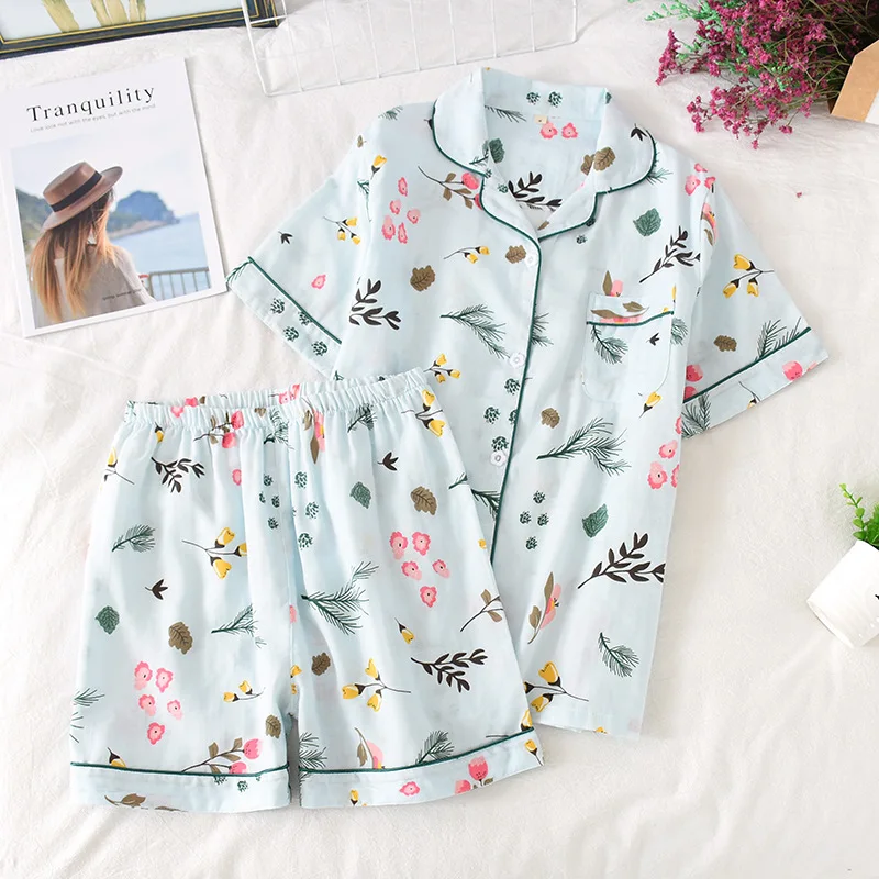 100% Cotton Pyjamas Women Short Sleeves Shorts Pajama Sets Ladies Cute Cartoon Print Japanese Simple Sleepwear Homewear Pijamas | Женская
