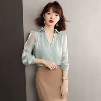 fashion 2022 half open collar chiffon shirt women spring summer long sleeve office lady simple elegant blouses and tops female