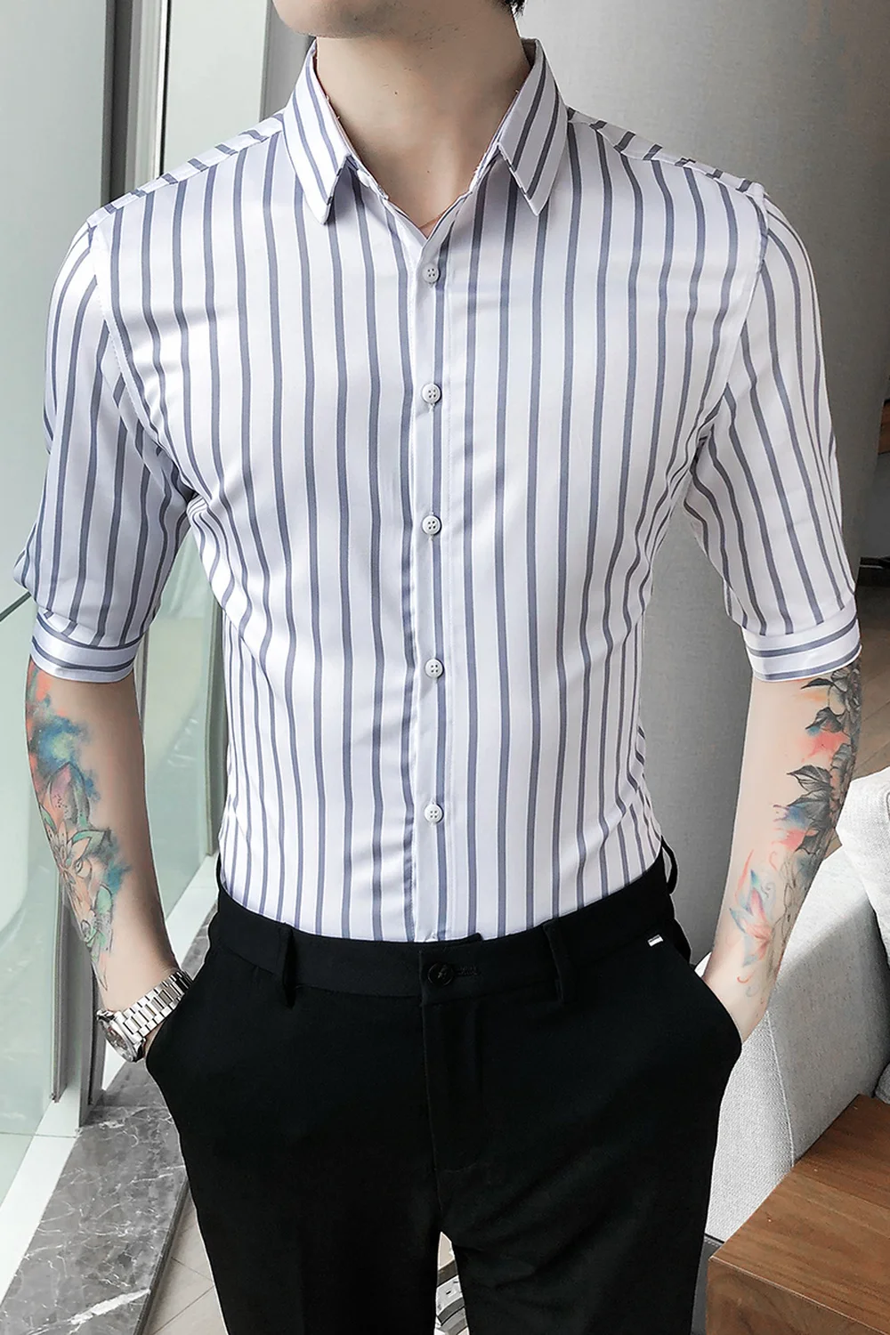 

Striped Shirts 2021 Men Business Casual Dress Short Sleeve Slim Fit Social Party Male Clothing Streetwear Camisas Para Hombre