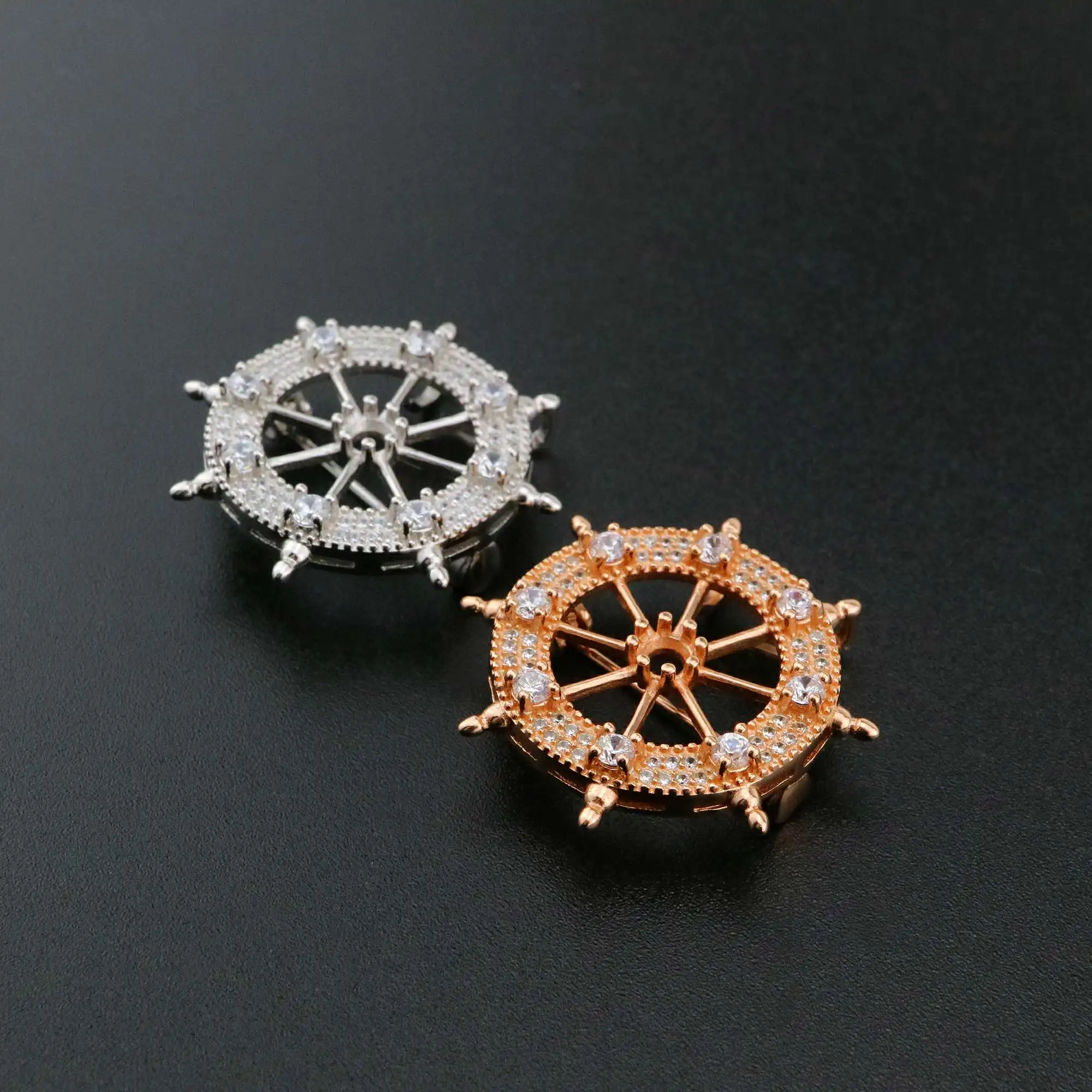 

1Pcs 3MM Round Prong Pendant Settings Rose Gold Solid 925 Sterling Silver Rudder Helm Brooch DIY Supplies 1582055