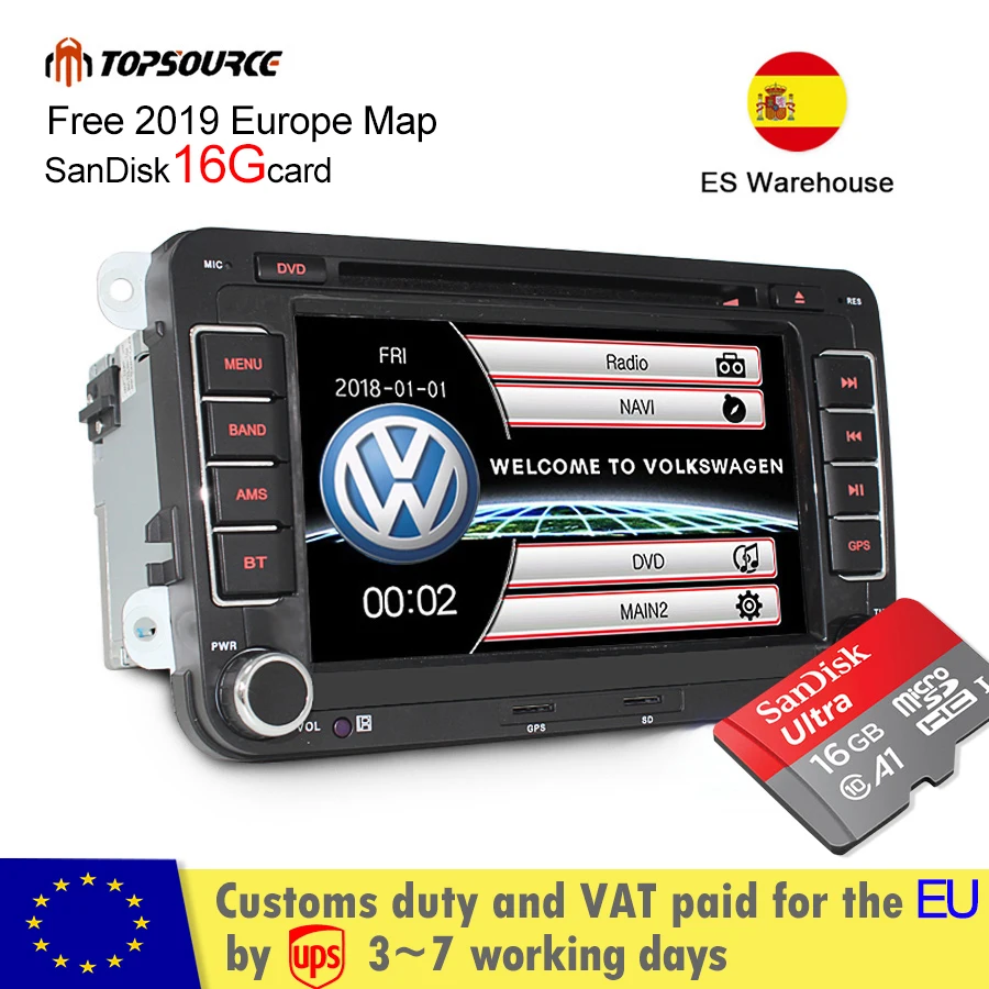 TOPSOURCE 7 &quot2 din автомобильный DVD gps бесплатно 16G SanDisk Радио стерео плеер для Volkswagen golf 6