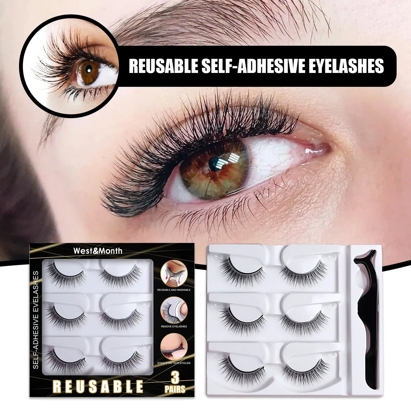 

3 Pairs Reusable Self-Adhesive Eyelashes without Glue Mink Hair Natural Wispy False Eyelashes Waterproof Longlasting