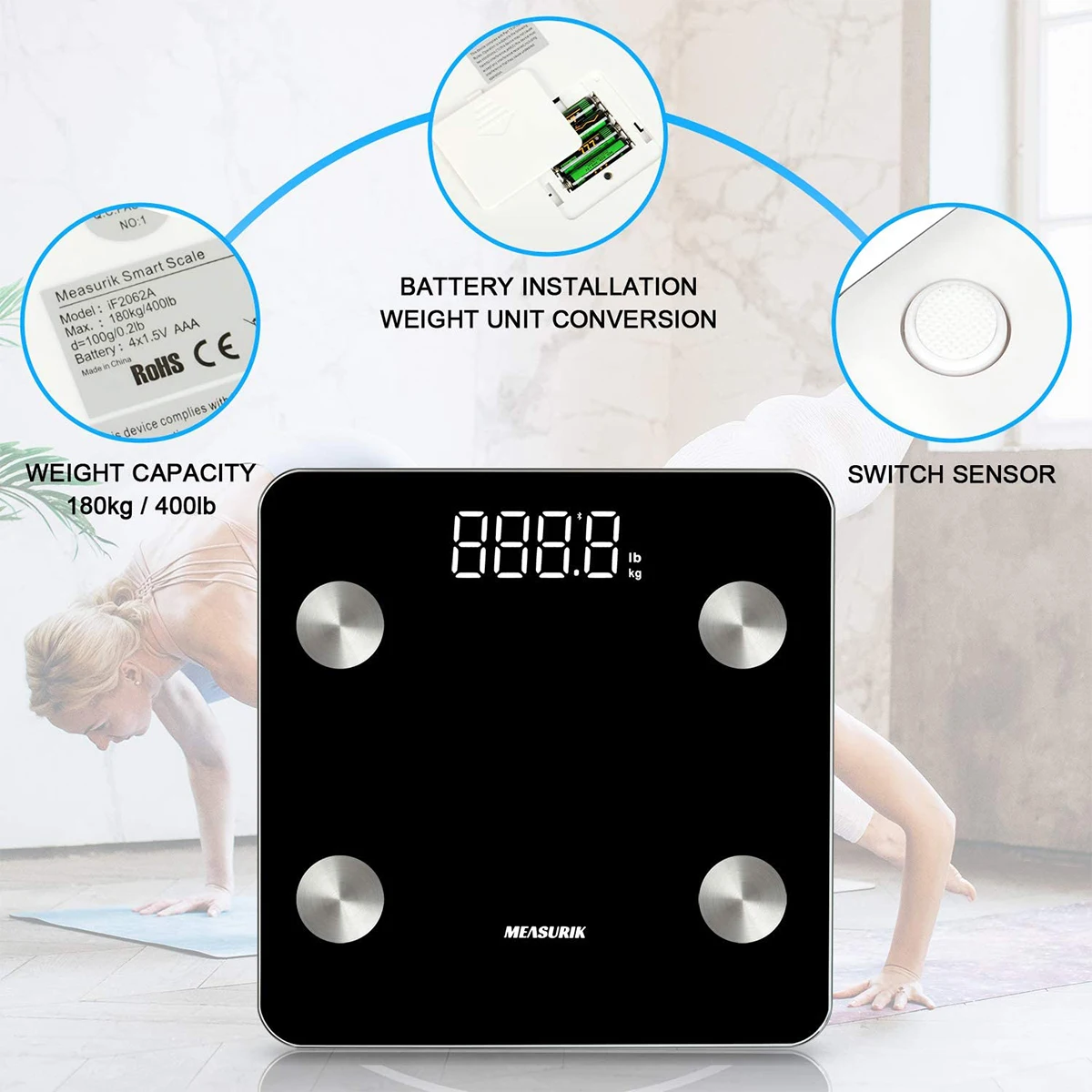 

Smart Body Fat Scale Bluetooth Body Composition Analyzer Measurement of Body Weight Body Fat BMI Muscle Hydration (up to 180 kg)