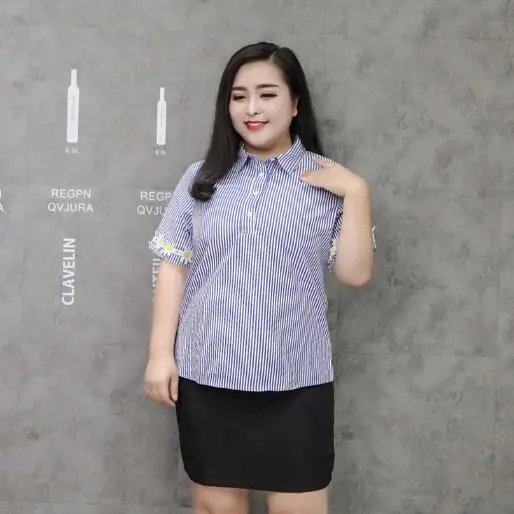 Женская рубашка в полоску с отложным воротником и коротким рукавом|Рубашки| |