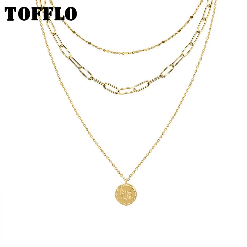 TOFFLO Stainless Steel Jewelry Exaggerated Cone Diem Multi-Layer Necklace With Female Personality Clavicle Chain BSP758