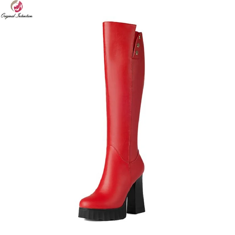 Оригинальные женские высокие сапоги до колена из натуральной кожи на квадратном