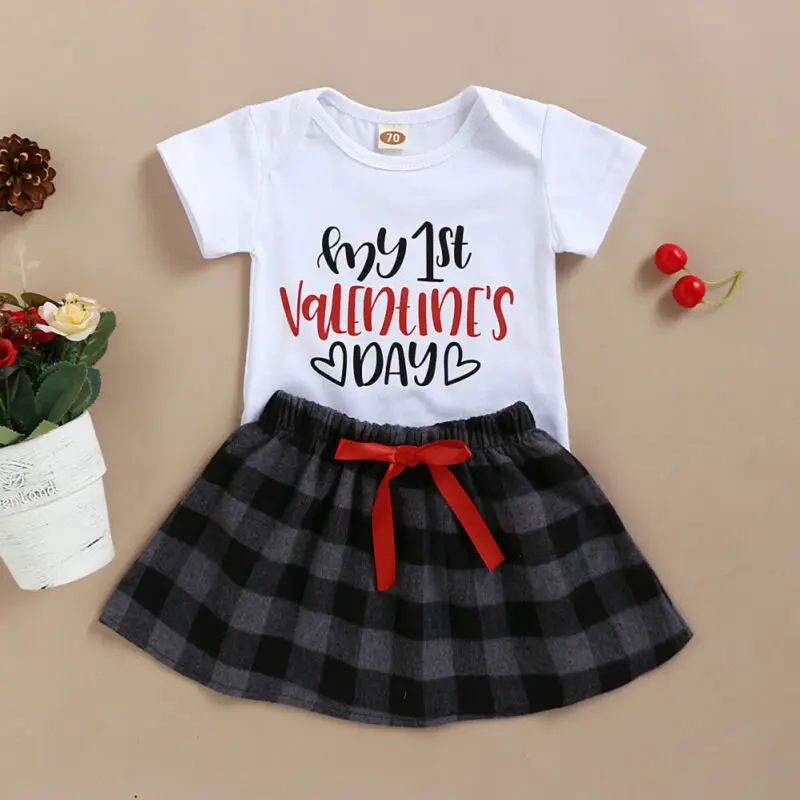 Pudcoco Baby Girl Valentines Outfits Infant Clothes My 1st Valentine's Day Tops Bodysuit Tutu Plaid Skirt Set | Детская одежда и
