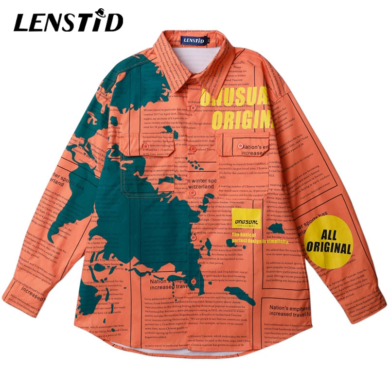 LENSTID 2019 осенние мужские рубашки в стиле хип хоп с графической картой газетный