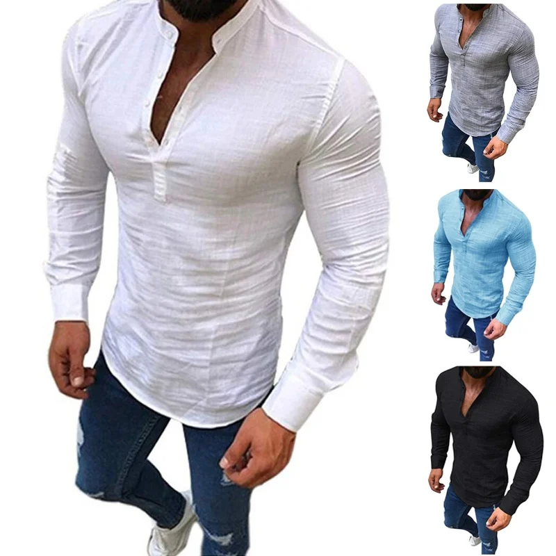 

Men's Casual Slim Fit Long Sleeve Fashion Henley Shirts Solid V Neck Cotton Linen T Shirt Tops