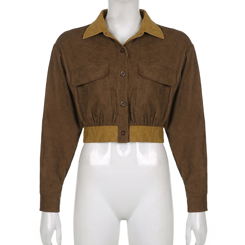 

Autumn Elegant Solid Color Button Street Style Jacket 2022 Fashion Corduroy Women's Short Jacket Casual Lapel Brown Jacket