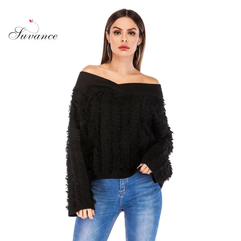 Suvance Autumn Winter Office Lady Knitted Slash Neck 4 Solid Color Sweater Patchwork One Size Women Loose Pullover Jl-yh073 | Женская