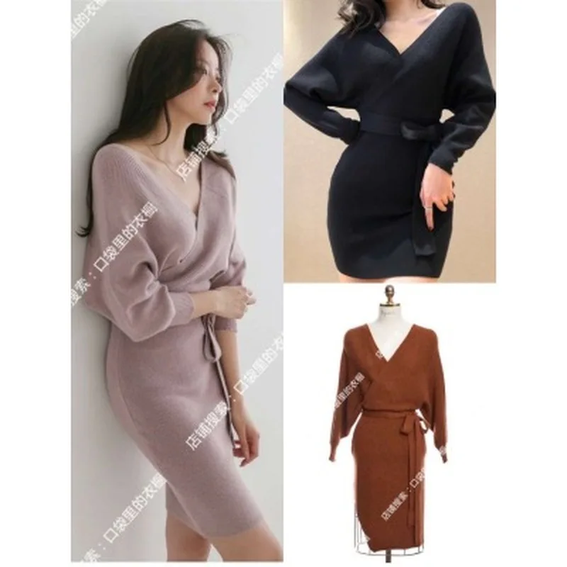 

Knitting Dress Sexy V-neck Backless Sezwick Korea Bought New Autumn and Winter Wear Outside MAO Dress