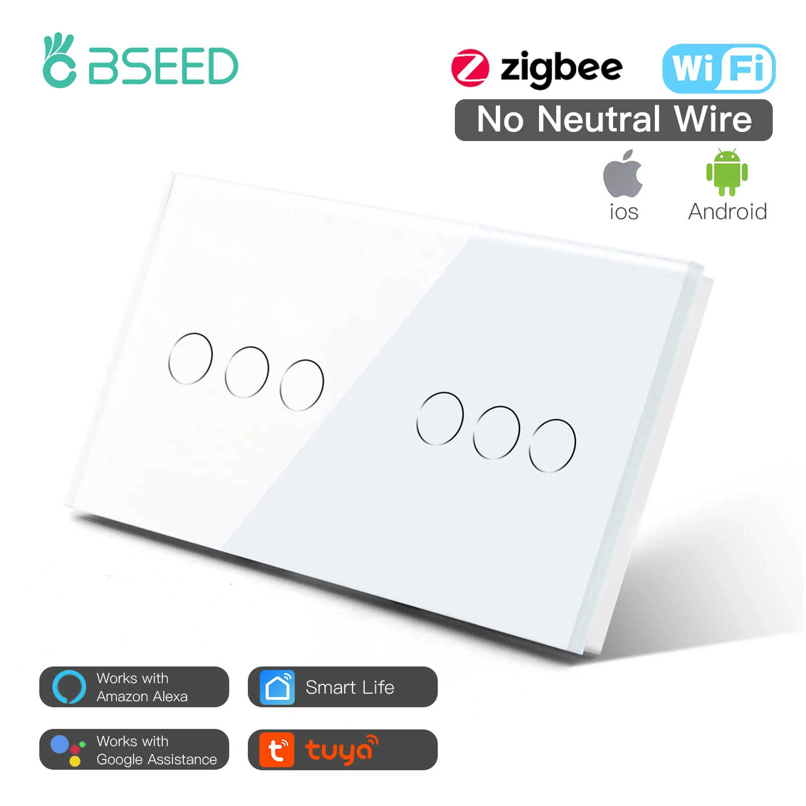 

Bseed Tuya Zigbee Wifi 6 Gang Touch Light Switch Alexa Google Home Smart Life Compatible No Neutral Wire No Capacitor 1000W/Gang