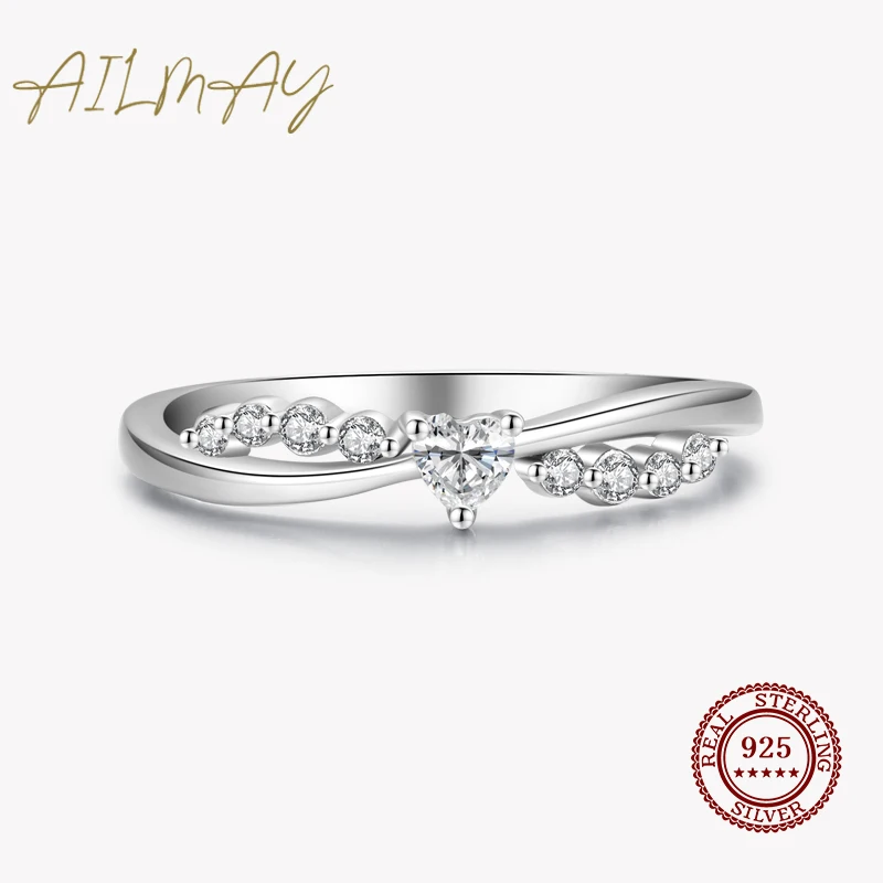 Ailmay 925 Sterling Silver Elegant Sparkling Cubic Zirconia Heart Finger Ring For Women Wedding Engagement Jewelry Gift