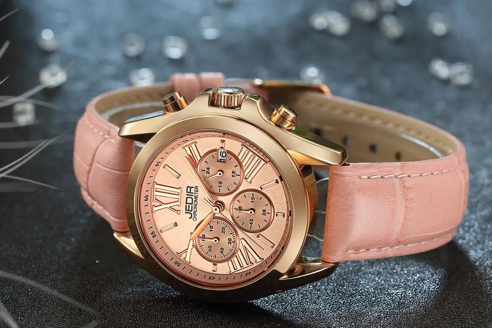 Женские кварцевые наручные часы с отображением даты и кожаным ремешком|Женские