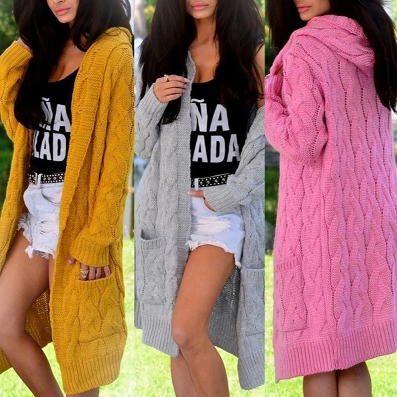 

Autumn Women Long Cardigan Solid Hooded Sweater Long Coat Winter Women Knitting Coat Casual Oversized Knittwear Femme