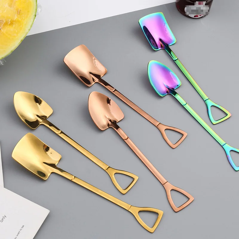 Creative Stainless Steel Ice Cream Coffee Spoon Shovel Shape Shell Tea Spoons 3 Colors Afternoon Dessert Long Handle | Дом и сад