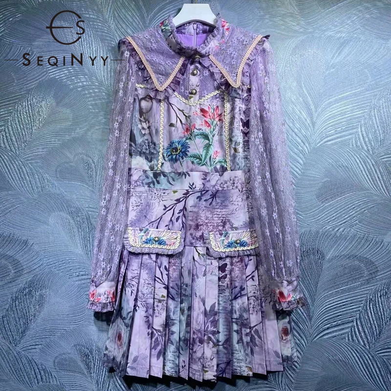 

Женское винтажное мини-платье SEQINYY, кружевное плиссированное платье фиолетового цвета с цветочным принтом, лето-весна
