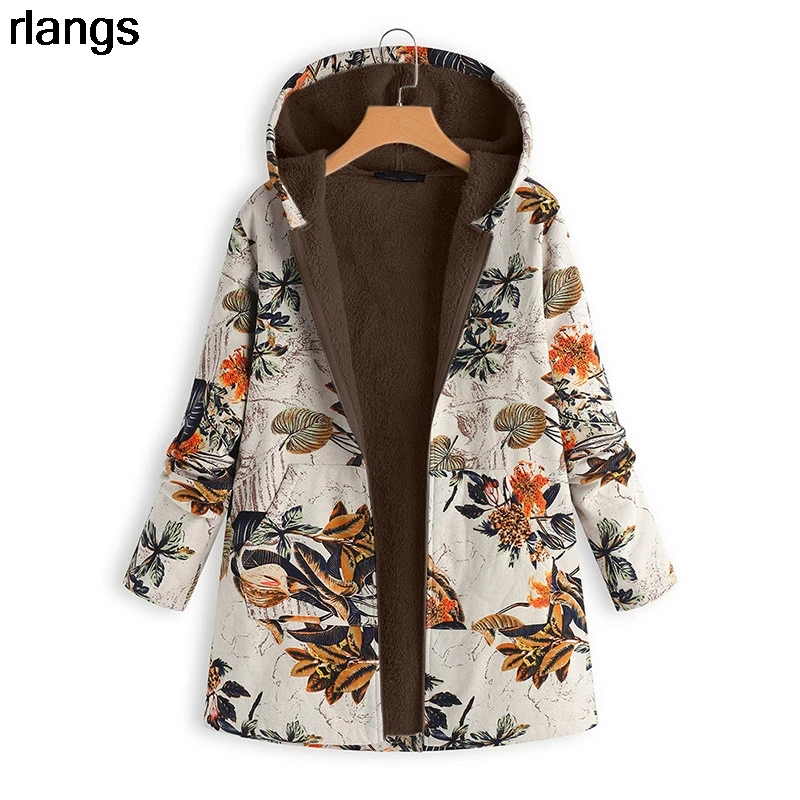 Winter Women's Padded Jacket European And American Linen Cotton Printed Padded Jacket Plus Velvet Thick Padded Jacket Women