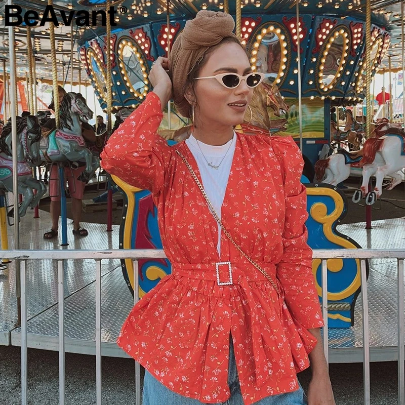 BeAvant Сексуальная женская красная блузка с v образным вырезом и поясом рубашка