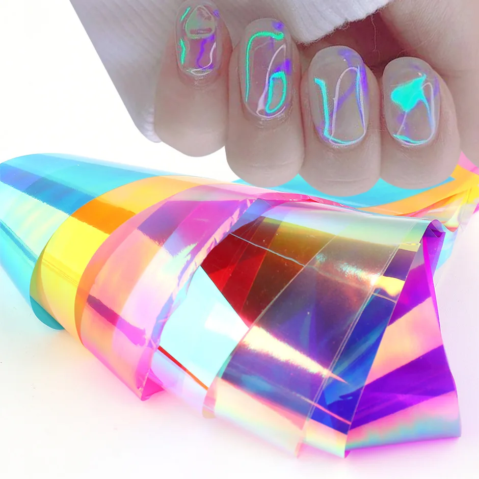 

8pcs Aurora Film Broken Glass Nail Foils Transfer Paper Holographic Nail Art Stickers Decals Slider 3D Charms Decorations 2021