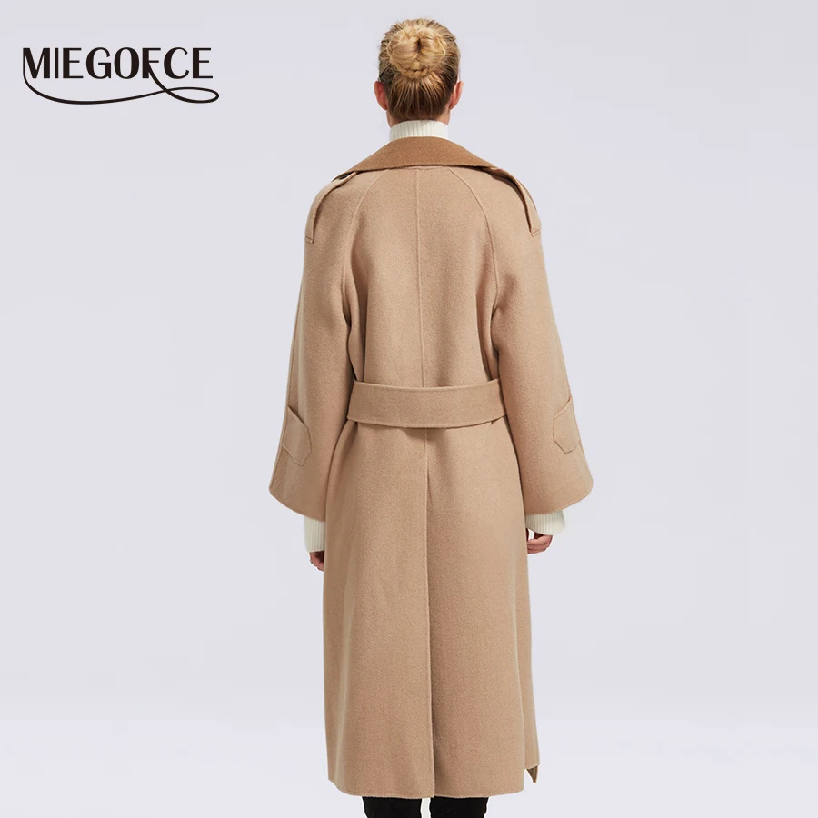 MIEGOFCE осенне-зимнее пальто для женщин; кашемировая куртка; Однотонные плотные пояса длинные шерстяные пальто женские корейские свободные фонари рукав зимние кашемирвое пальто женское Большие размеры Верхняя