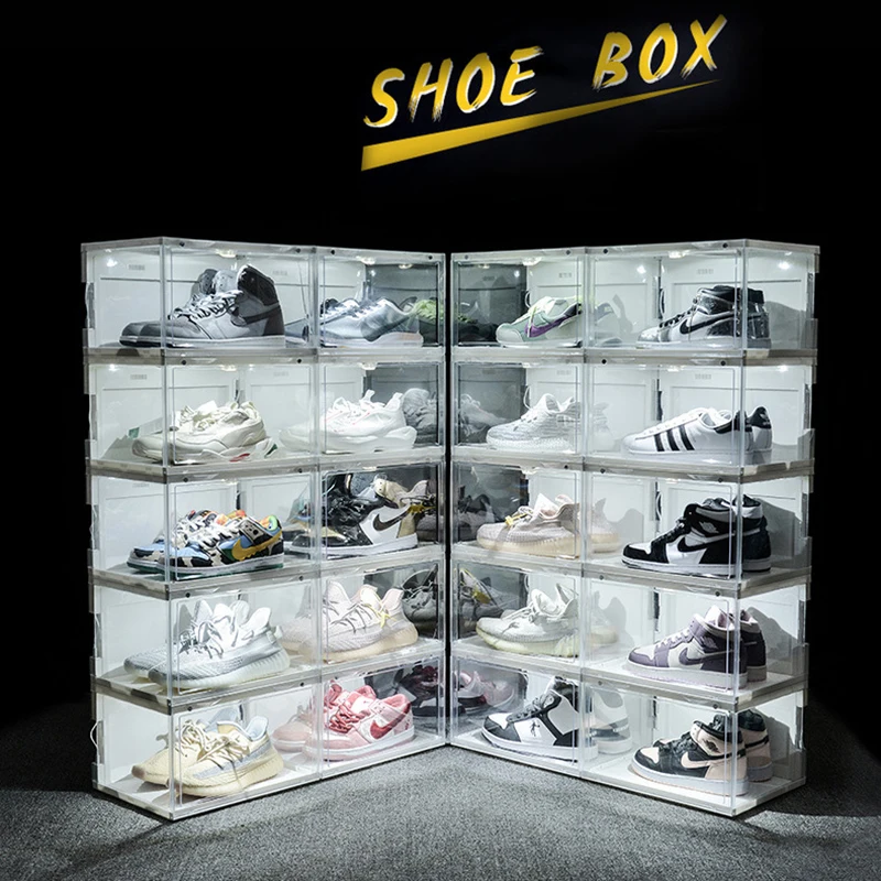 

Sound Control LED Light Shoe Box Sneakers Storage Box Anti-Oxidation Organizer Shoe Wall Acrylic Shoes Collection Display Rack