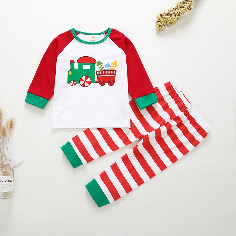 

2020 TALOOLY hot style children's clothing autumn style boys and girls train print top + striped pants suit