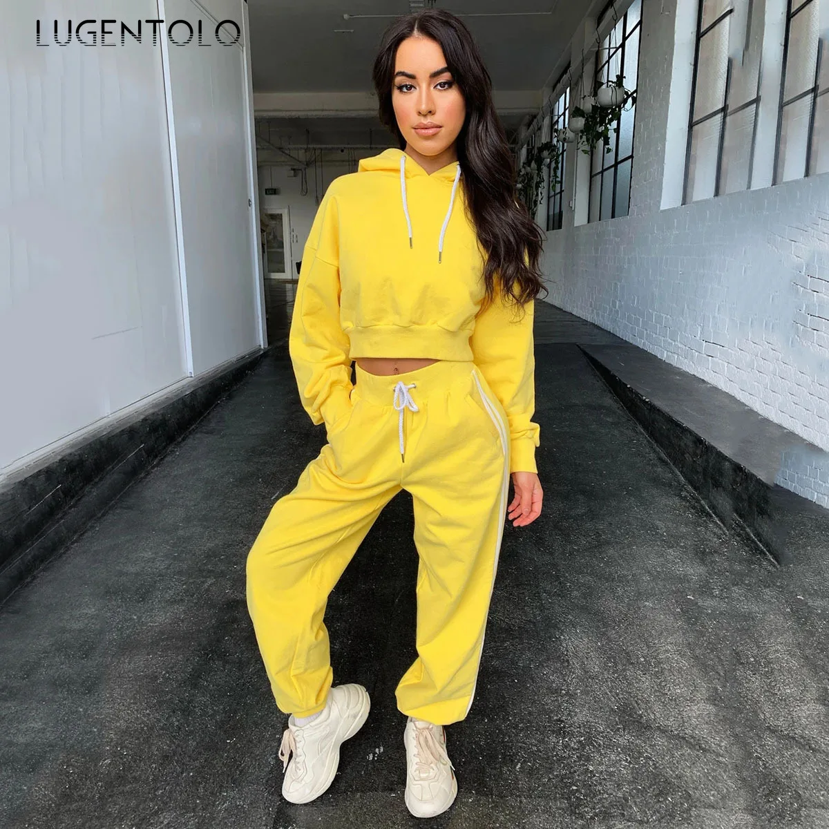 

Lugentolo Autumn Women Two Piece Set Top and Pants Hooded New Long Sleeve Top Solid Sports Pocket Long Pants Casual Lady Sets