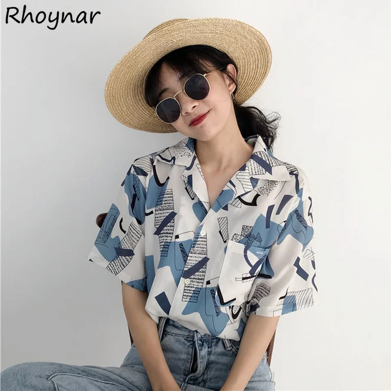 

Women Shirts Chic Vintage Hong Kong Style Summer Streetwear Short Sleeve Turn-down Collar Casual Cozy Harajuku Party Clothing