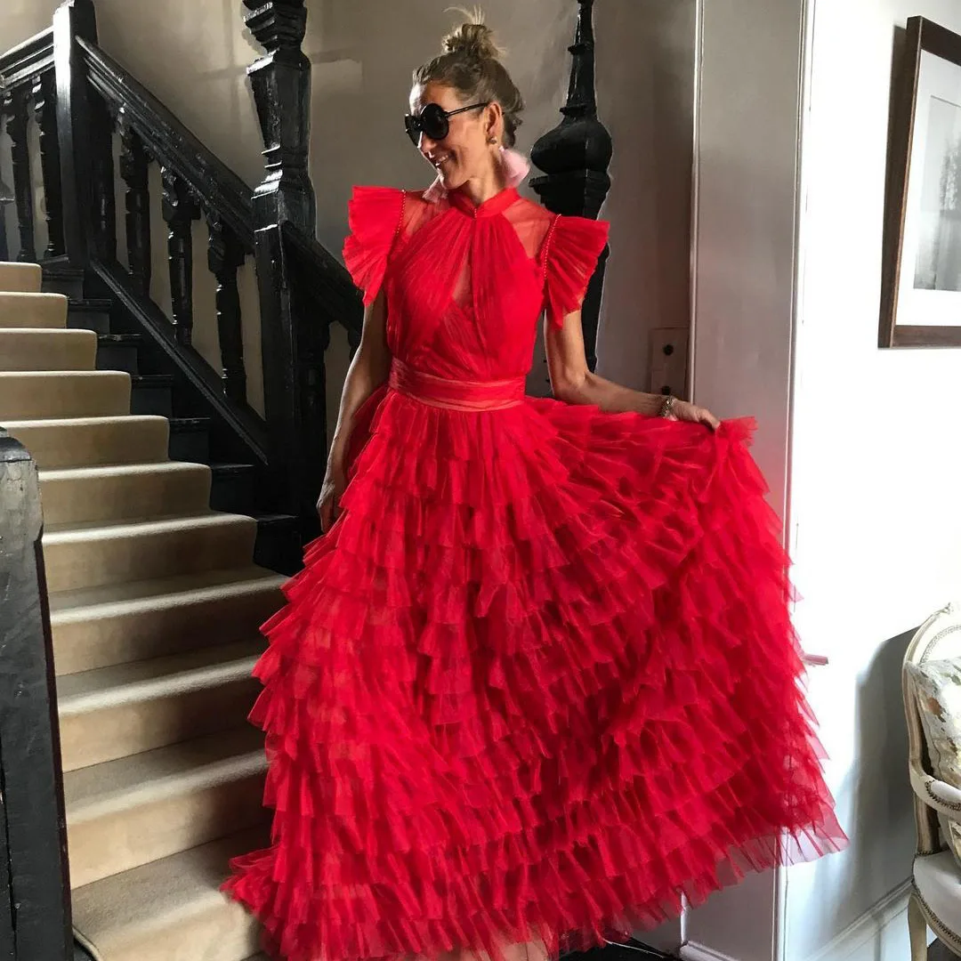 

New Design Classic Evening Dress High Neck Halter Sleeveless Custom Made layered Puffy Tulle Floor Length Party Gowns Plus Size