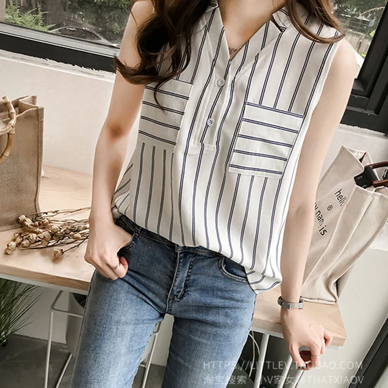 Женская шифоновая блузка без рукавов летний топ свободного покроя в полоску 3705 50