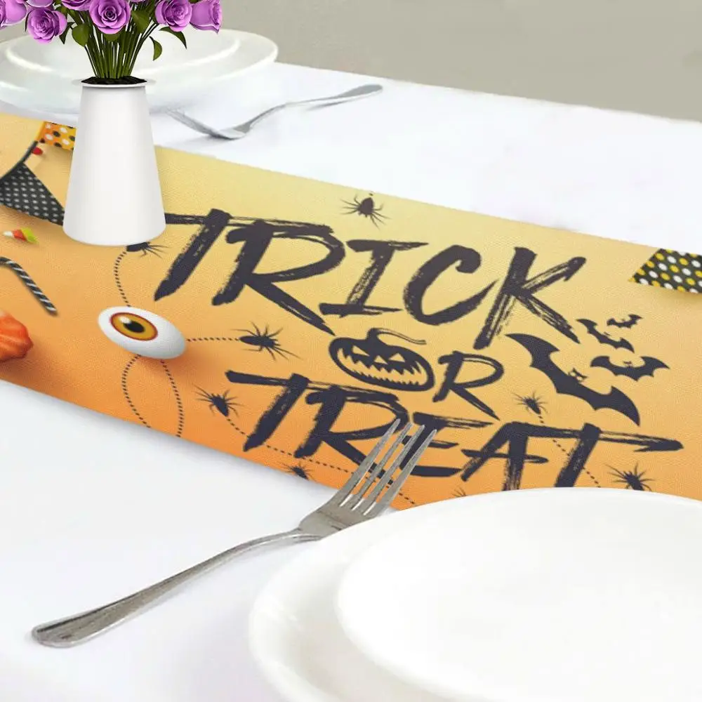

Trick or Treat Table Runners Halloween Pattern Table Cloth Runner Coffee Mat for Halloween Party Home Decor