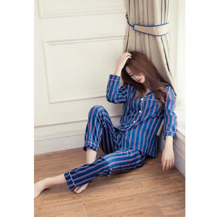 2019 весна и осень новые женские полосатые шелковые пижамы с отворотом сексуальный