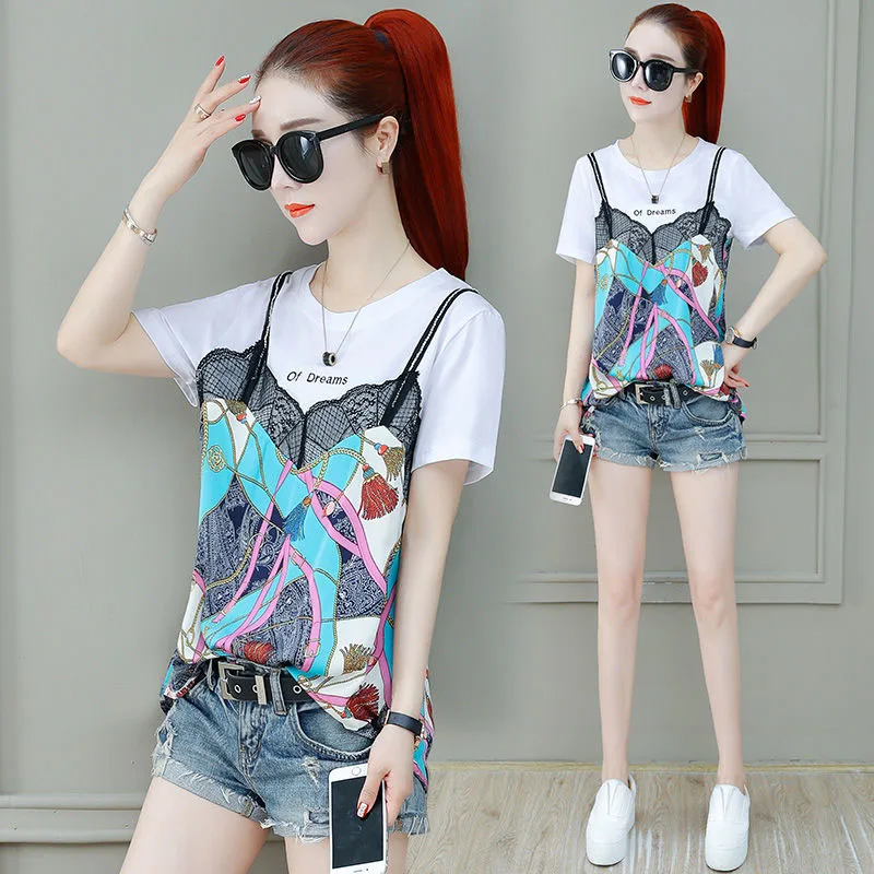 

Women Spring Summer Style Blouses Shirts Lady Casual Fake Two Piece O-Neck Short Sleeve Blusas Tops DF2902