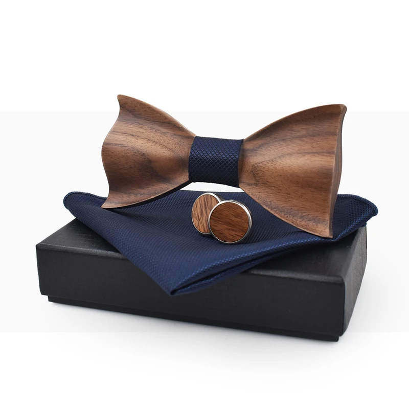 

Man Wooden Bowtie Handkerchief Cufflinks Set for Mens Corbatas Gravata Pocket Towel Cravat Wood Bowtie for Men Gift