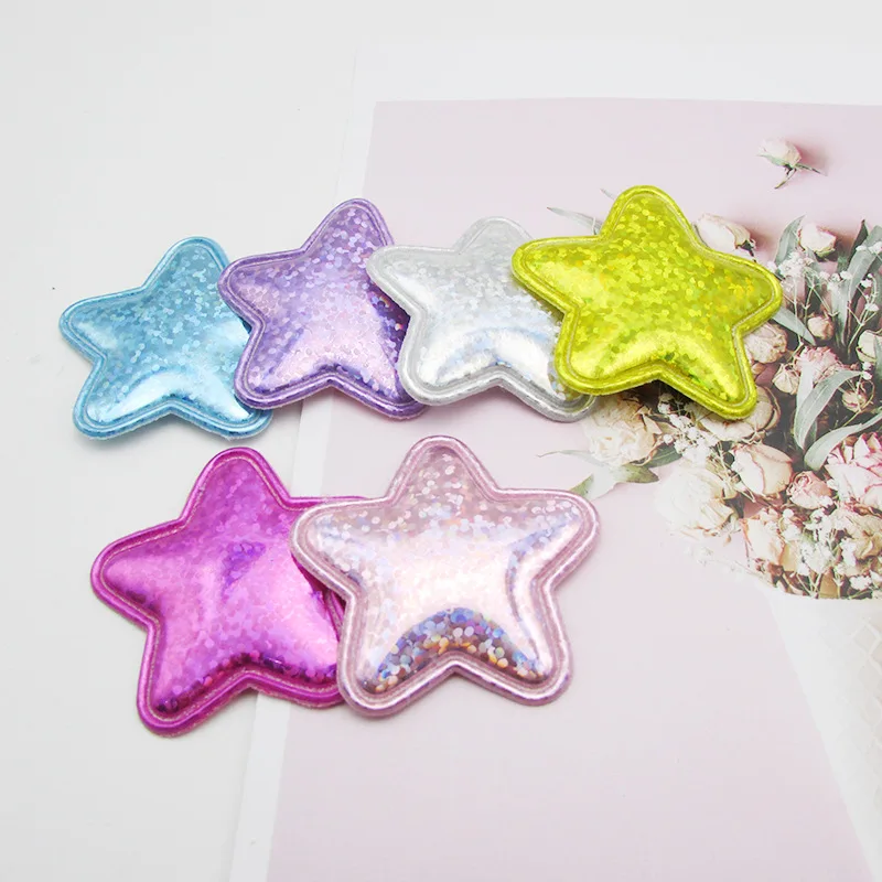 

60pcs/lot 4cm Glittery Laser PU star Padded Patches for Baby Girls Hair Accessories Appliques for Crafts BB Clips Ornament