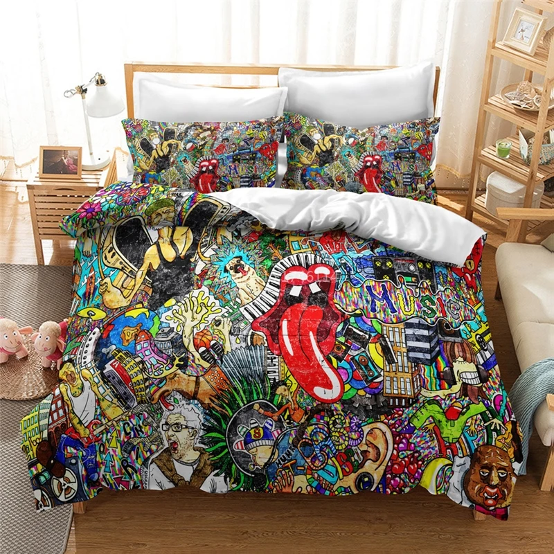 

2/3pcs Duvet Cover Set Hip-hop Graffiti 3D Cartoon Bedding Set Reactive Printing Soft Bedclothes Twin Full Queen King Size