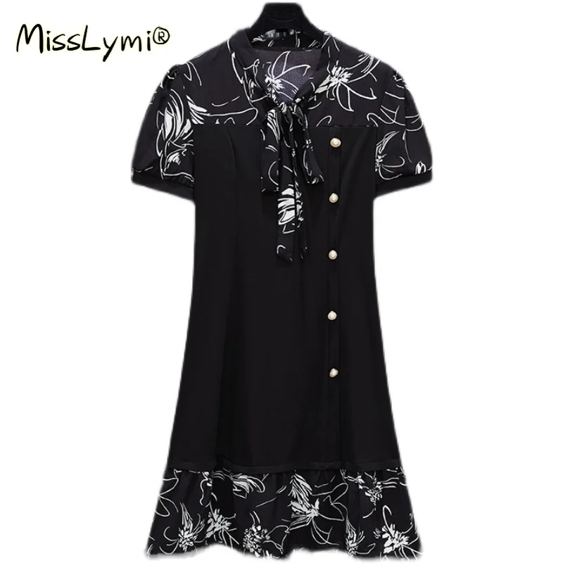 

5XL Plus Size Women Elegant Office Dress Summer 2021 Bow Collar Short Sleeve Pearl Buttons Patchwork Print Loose Ruffle Dresses