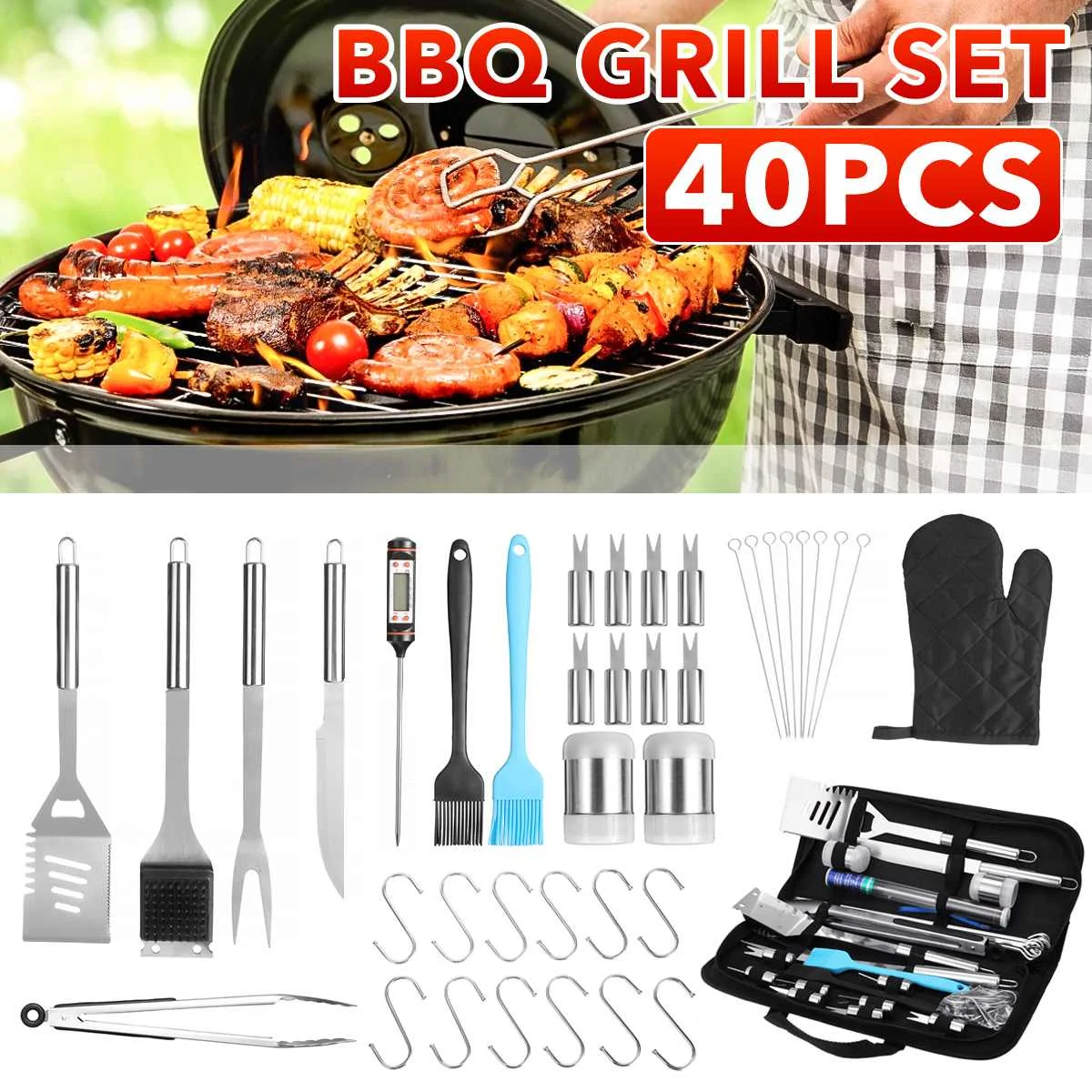

40PCS Stainless Steel BBQ Barbecue Tool Food Cooking Thermometer Family BBQ Sets With Cloth Bag