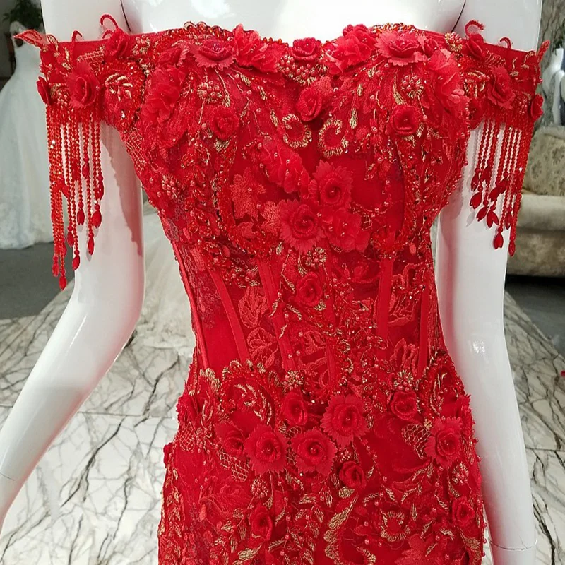 LSGF922 Русалка вечерняя вечеринка красная с плеча зашнуровать вверх по лодке шеи