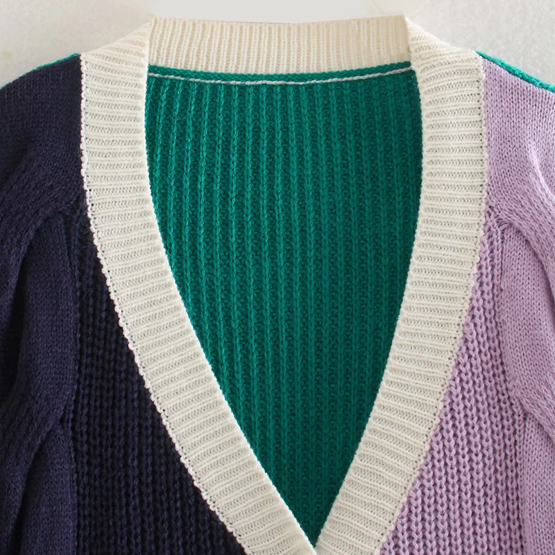 

Za Women Fashion Color Block Cardigan Vintage Jumper Female Chic Oversized Knitted Cardigan Coat XQJ9321