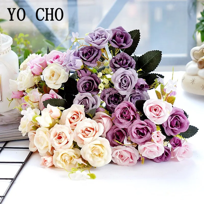 

YO CHO Artificial Flower 5 Forks Silk Rose Mini Bouquet Home Party Wedding Decor DIY Flower Arrangement Wedding Planner Supplies